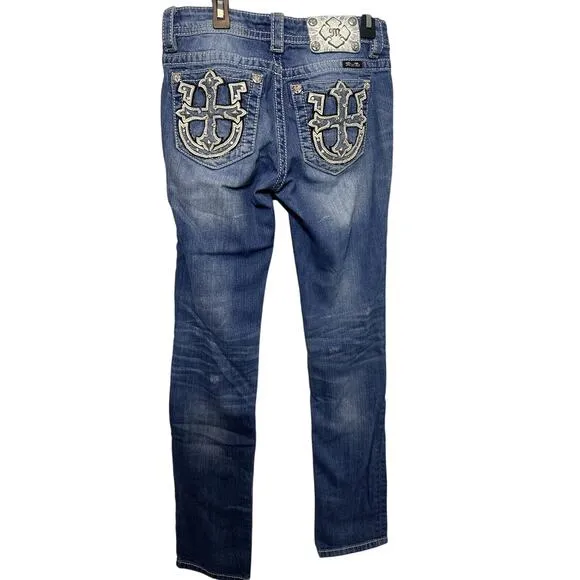 Miss Me Jeans Women 26 X 32 Signature Straight Bling Cross Horseshoe Pockets Low - Image 2