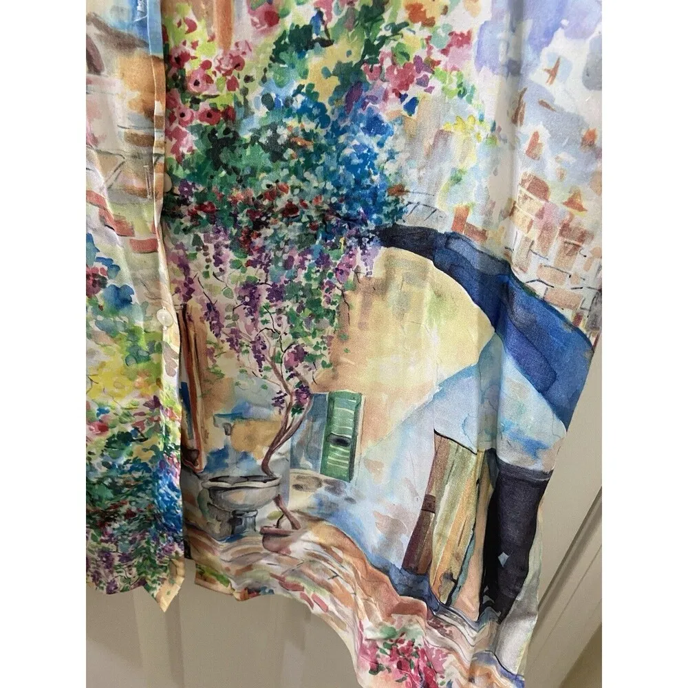 80s Express Women’s Button Down Shirt L Rayon Colorful Watercolor Garden Print - Image 3