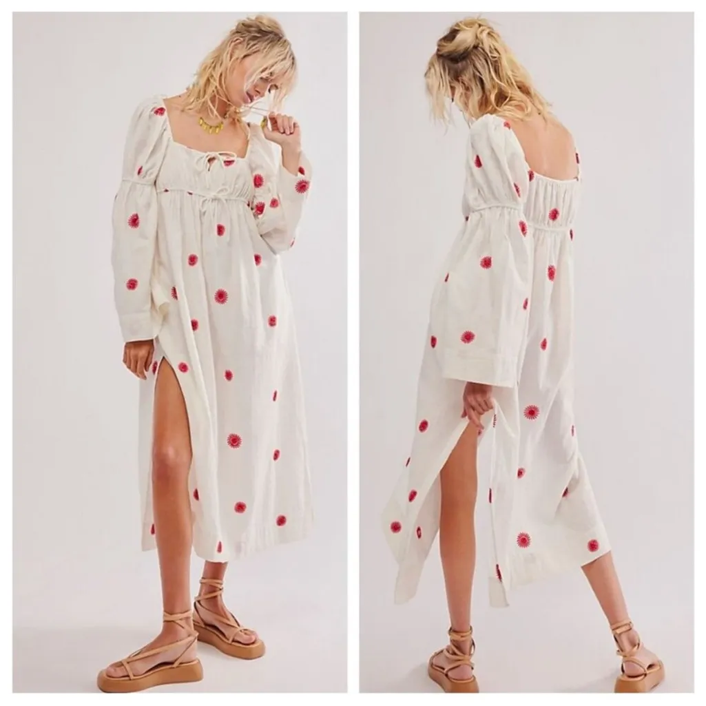 NEW Free People Womens Dress Emory Embroidered Midi Square Neck Size Small - Image 2