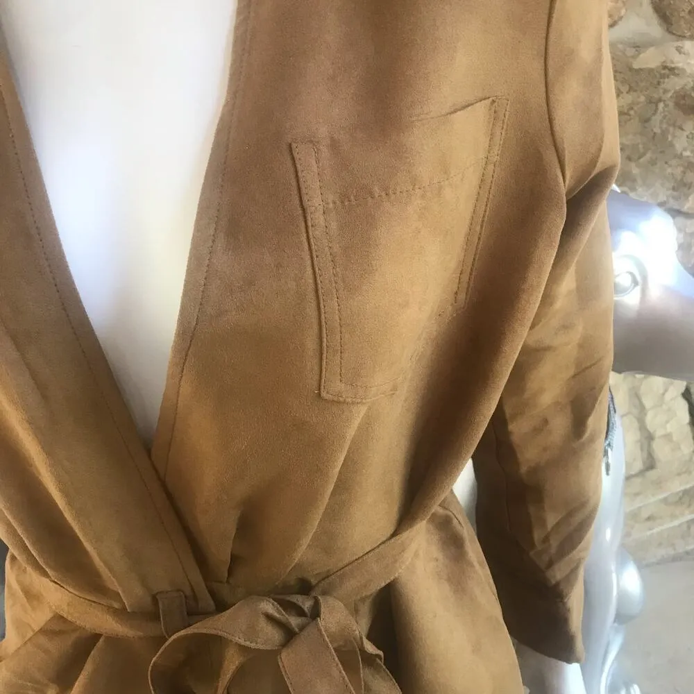 NEW Banana Republic Tan Trench Faux Suede Jacket with Belt Women's Size 2P - Image 4