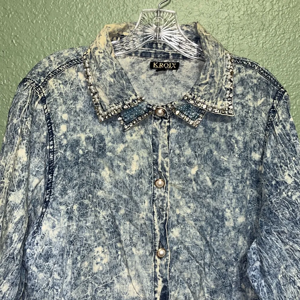 Vintage Denim Shirt Dress Faux Pearls Plus 2X - Image 3