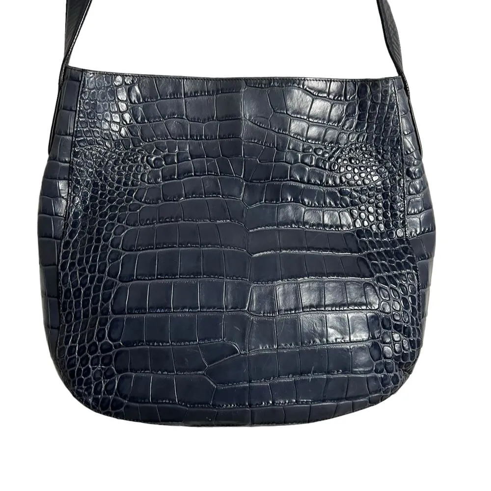 Vince Dark Blue Crocodile Leather Embossed Calf Skin Crossbody Bag Purse - Image 8