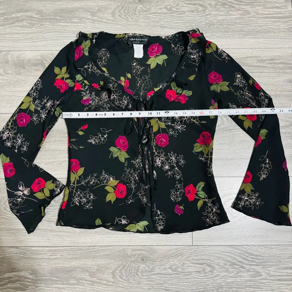 Connected Apparel Floral Black Wide Sleeves Lightweight Tie Front Cardigan 8 - Image 9