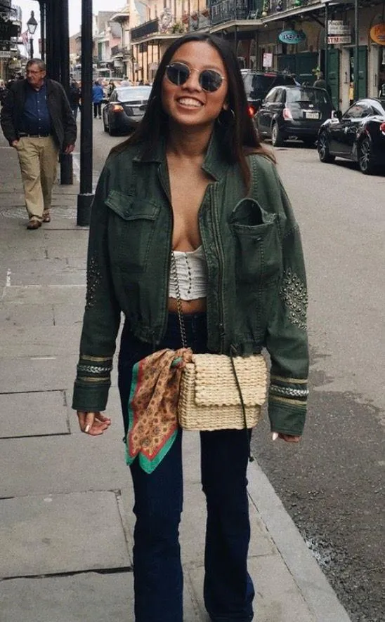 Extreme Cropped Military Jacket Green Blogger Favorite Beaded Medium - Image 3