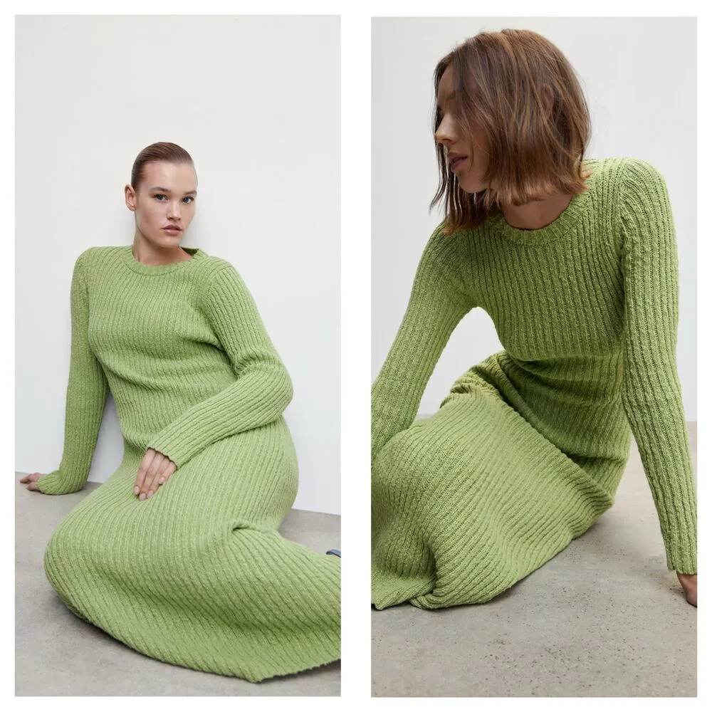 Mango Pistachio Knit Ribbed Long Sleeve Midi Dress Size Large Stretch Vacation - Image 3