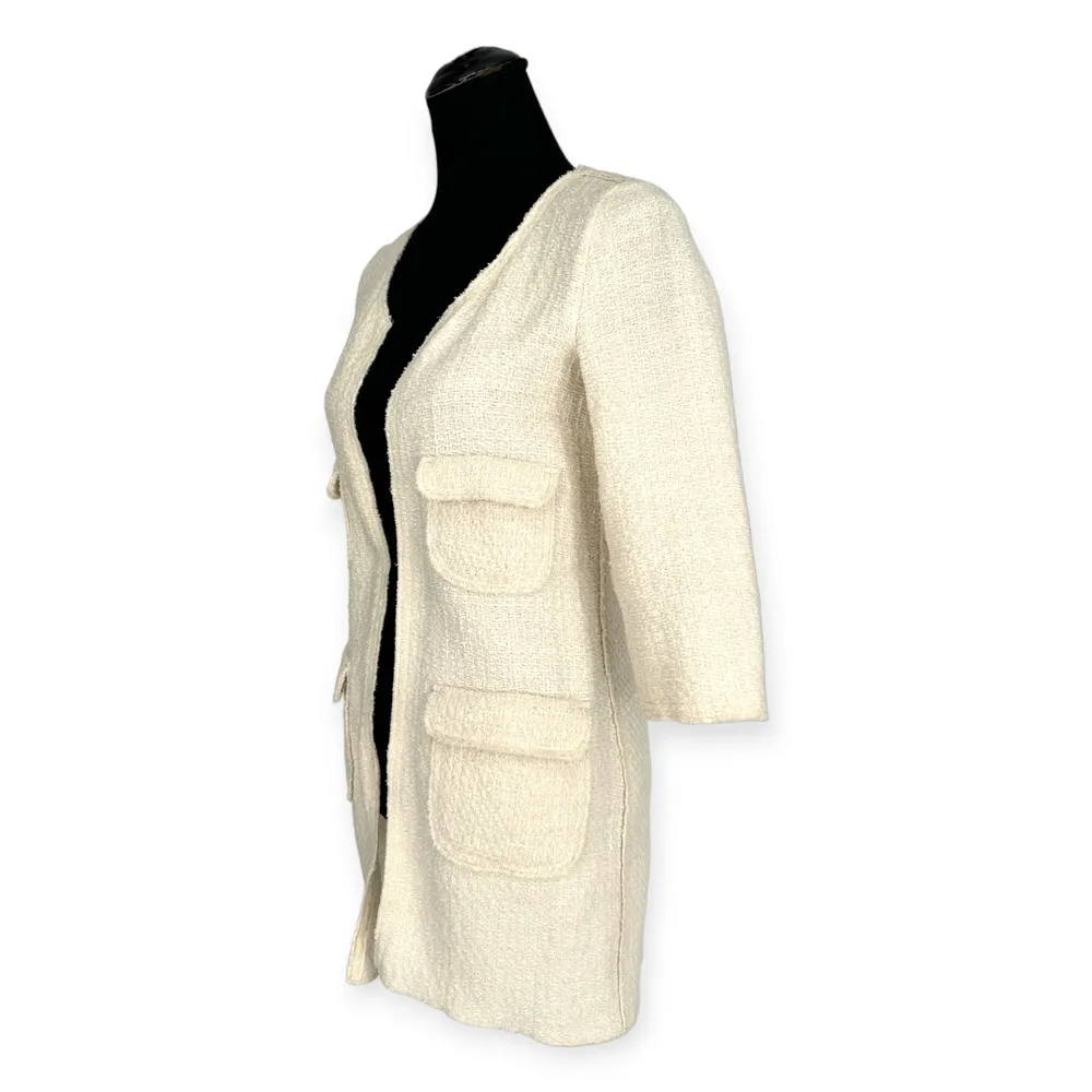 ZARA | Small | Ivory Tweed Longline Raw Edge 3/4 Sleeve Open Front Jacket - Image 3