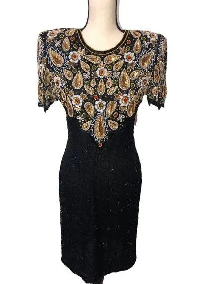 Laurence Kazar Size Small Dress Beaded Cocktail Silk Black Gold Short Sleeve VTG - Image 1