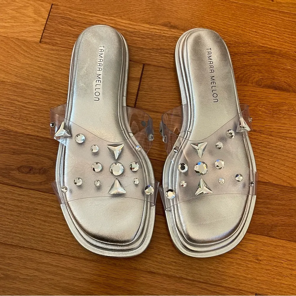 Tamara Mellon Stellaire 90s Pillow Slide Sandals Clear And Crystal Silver Size 8 - Image 2