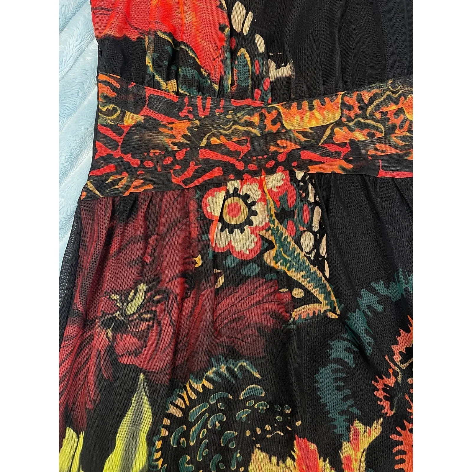 Desigual Floral Print Sheer Mesh Midi Dress Black Red Orange M - Image 7