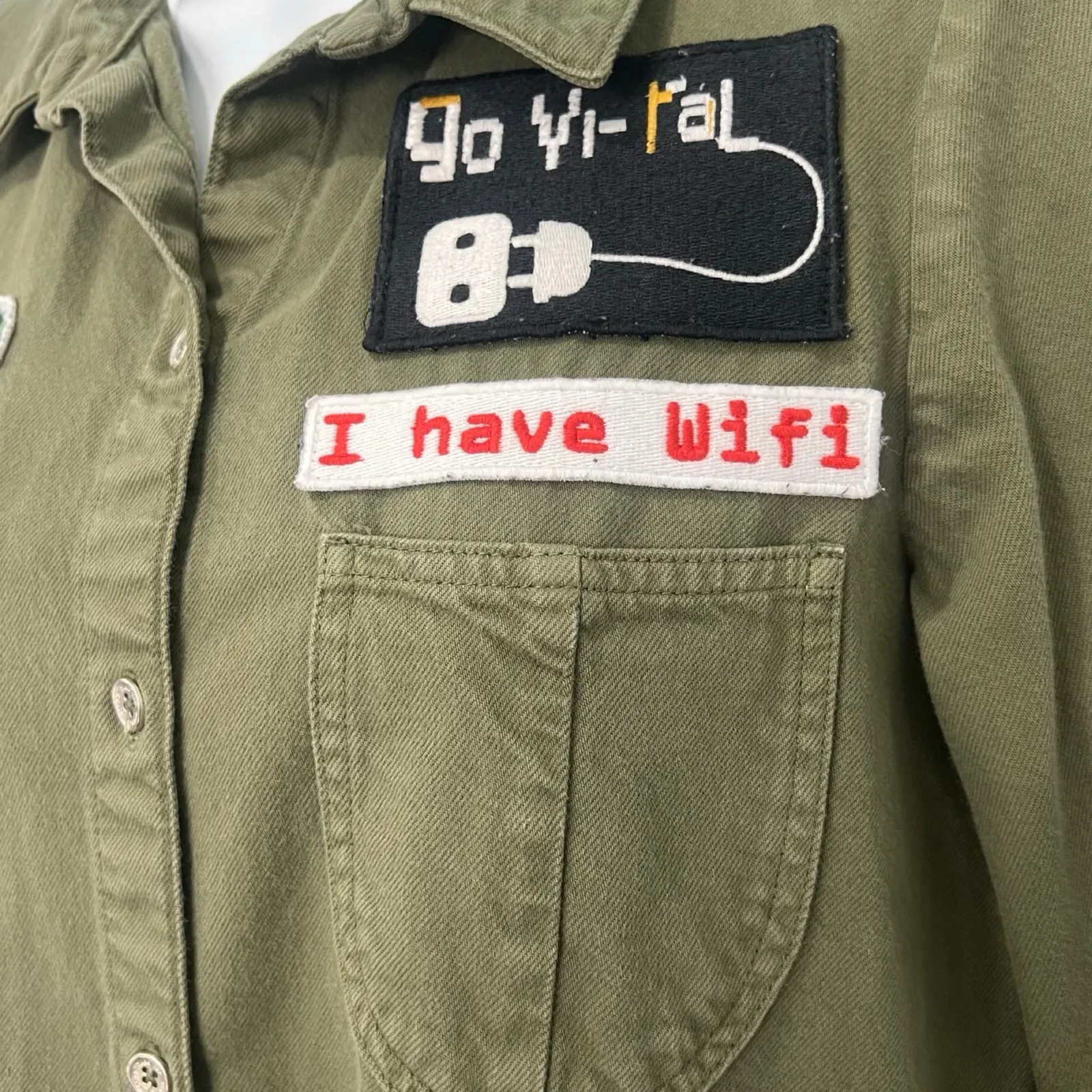 Zara Olive Green Patches Denim Button Down 3/4 Sleeve Shirt Dress sz S Trafaluc - Image 11