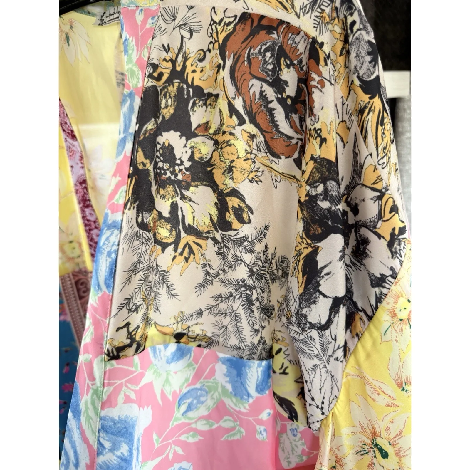 Intimately Free People Patchwork Floral Kimono M/L Open Front Duster Boho Jacket Yellow - Image 5