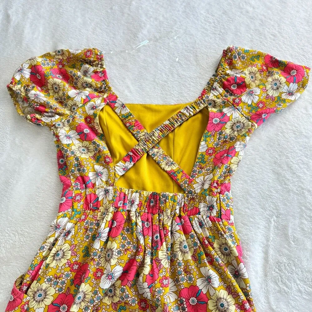 Lily Rose Romper Womens XS Yellow Floral Short Sleeve Cross Back Pockets Cottage - Image 13