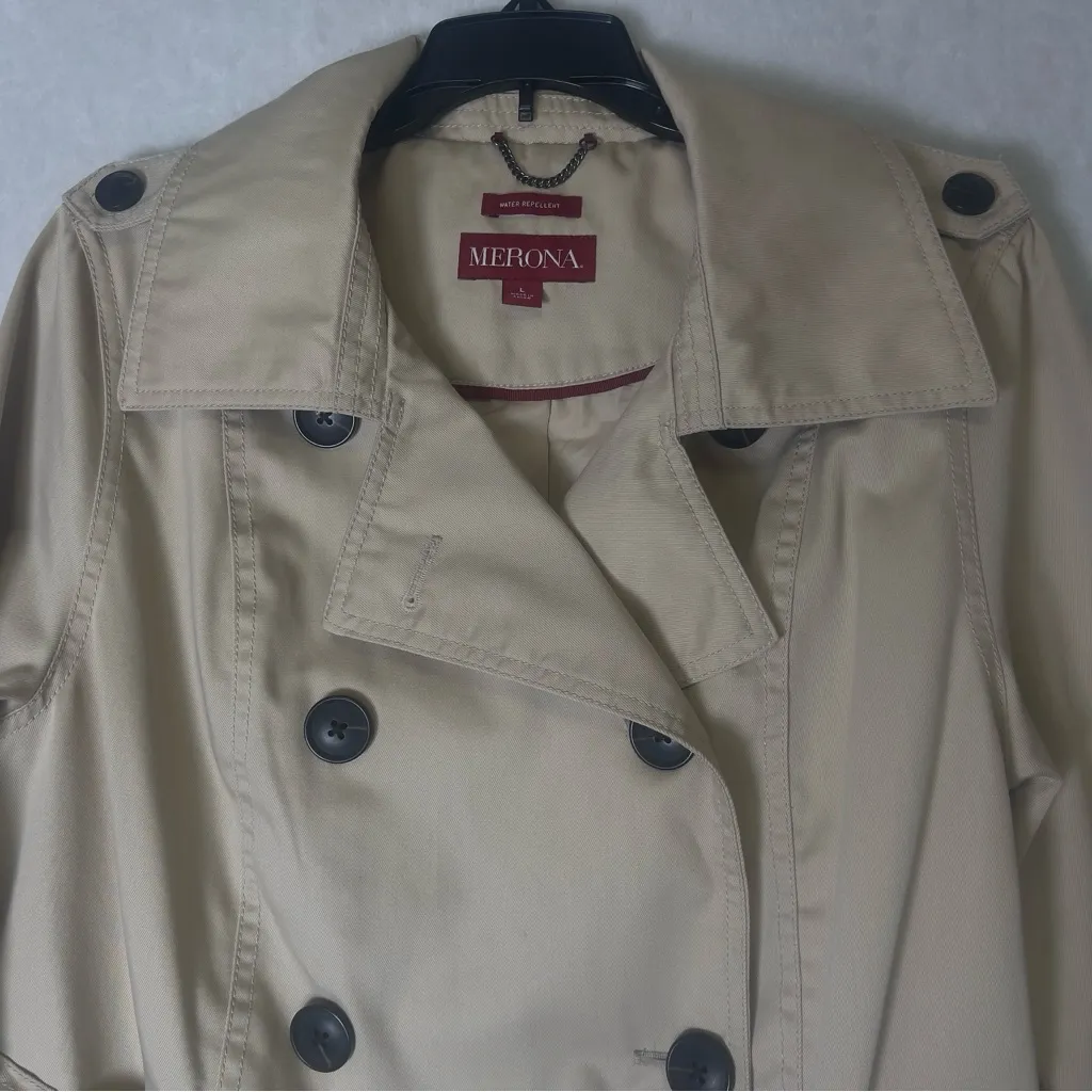 Women’s Merona khaki soft shell belt water repellent Double-Breasted Trench Coat - Image 9