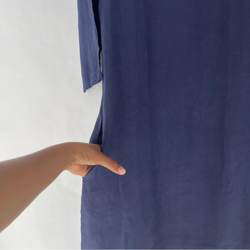 EllemenTree Navy Blue 100% Linen 3/4 Sleeve Knee Length Shift Dress Pockets S - Image 5