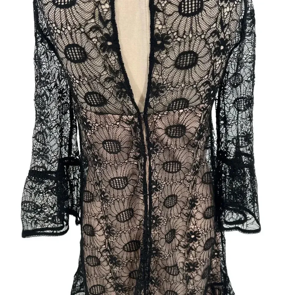 Reiss Jade Lace Dress Black Nude A-Line Bell‎ Sleeve Embroidered Size US 6 - Image 10