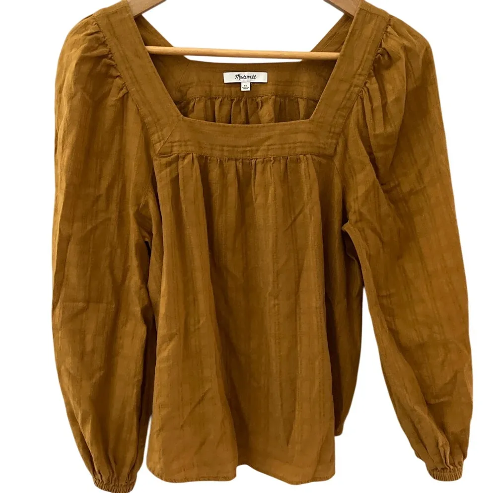 Madewell Square-Neck Bubble-Sleeve Textured‎ Top in Antique Gold Size XS - Image 3
