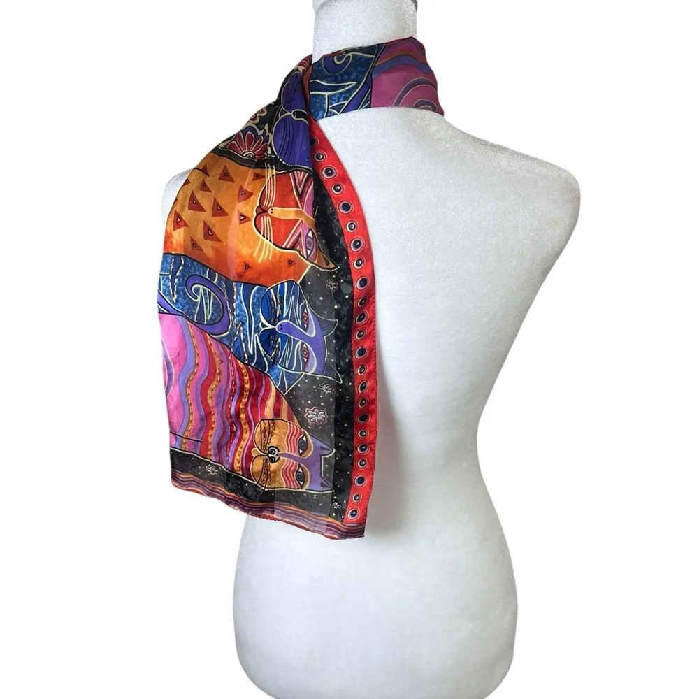 Vintage Laurel Burch Feline Family Portrait Cat Scarf 100% Silk Beaded Sequins Pink - Image 8