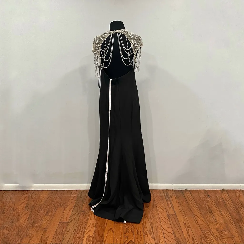Mac Duggal 11775 Black Draped Pearl Beaded Mermaid Gown sz 10 - Image 7
