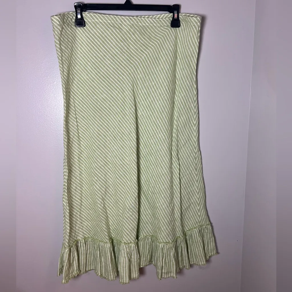 J. Crew Green Stripe Raw Hem Midi Peasant Skirt 100% Linen Cottagecore Size L - Image 2