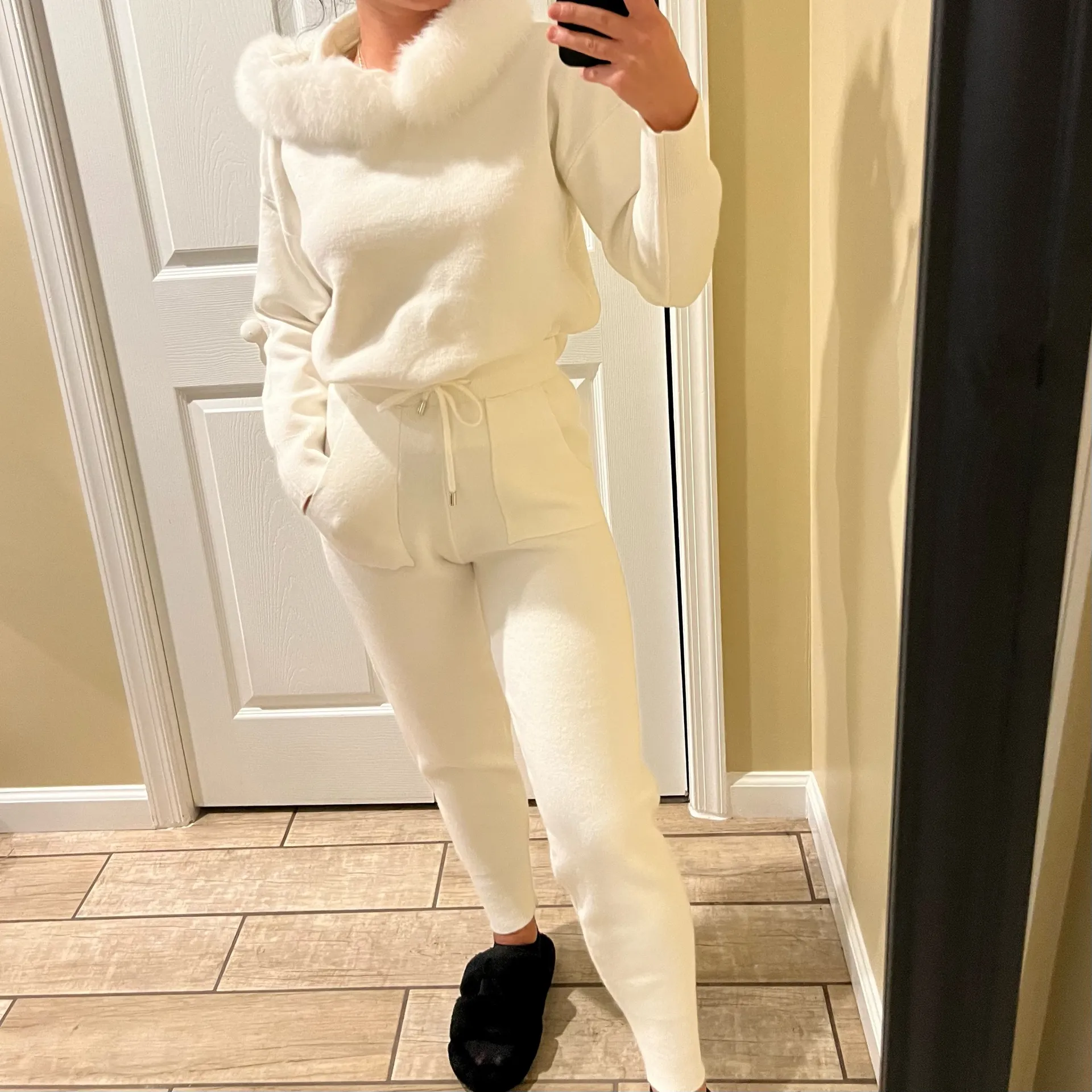 Real Fox Fur Collar Knit Set Winter Tracksuit Kit Hoodie Knit High Waist Pants White - Image 3