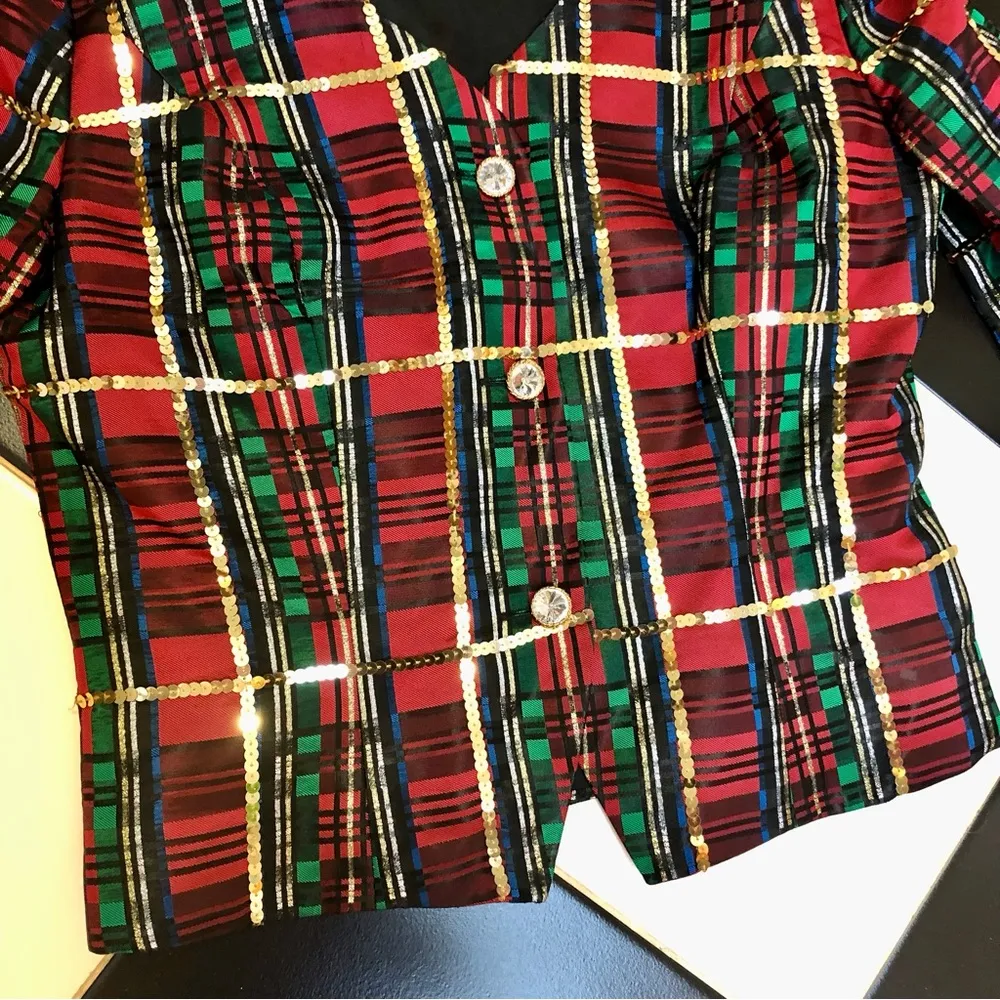 Vintage 80s 90s Rimini Tartan Blazer Plaid Sequin Red Green Gold Red Fitted sz10 Multiple Size 10 - Image 2