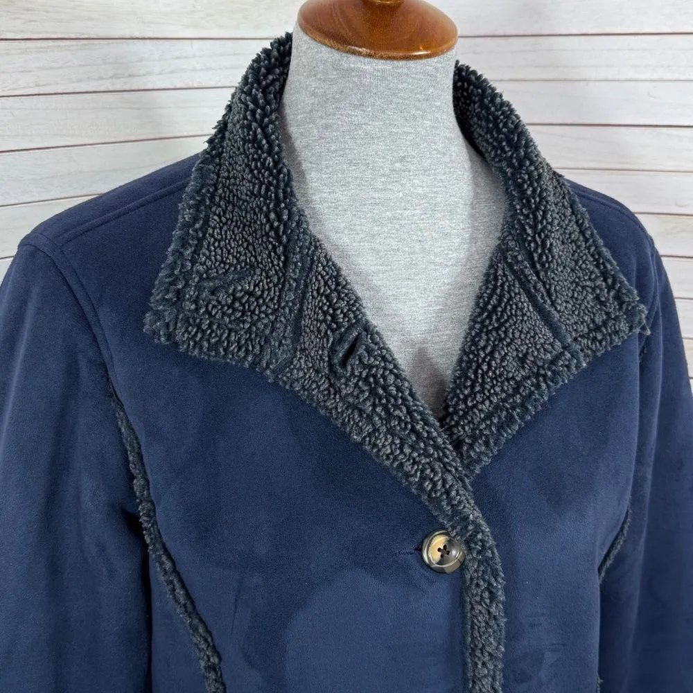Vtg L.L.Bean Faux Suede Sherpa Lined Chore Coat Navy Blue Small Western Ranch - Image 6