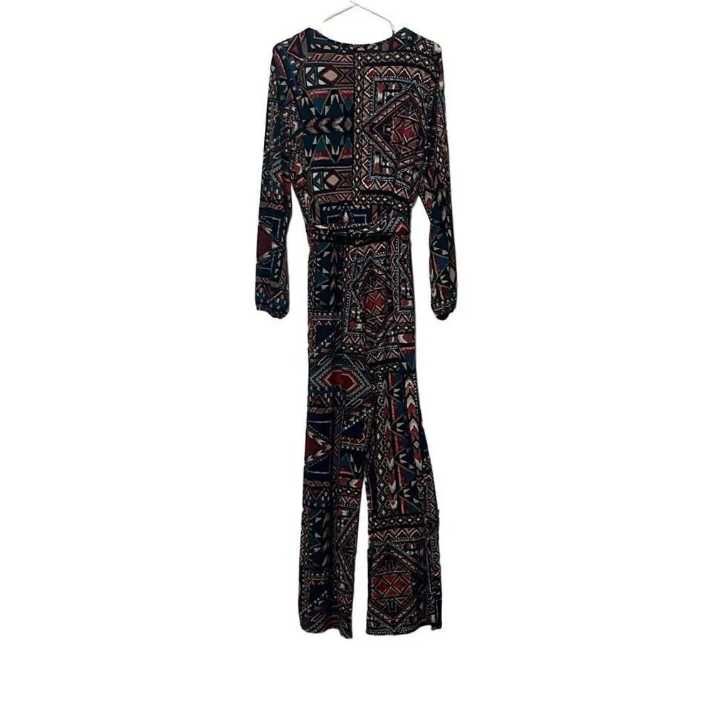 Impulsive 2X Blue Red Faux Wrap Jumpsuit Aztec Tribal Print V Neck Stretch Blue Size XXL - Image 2