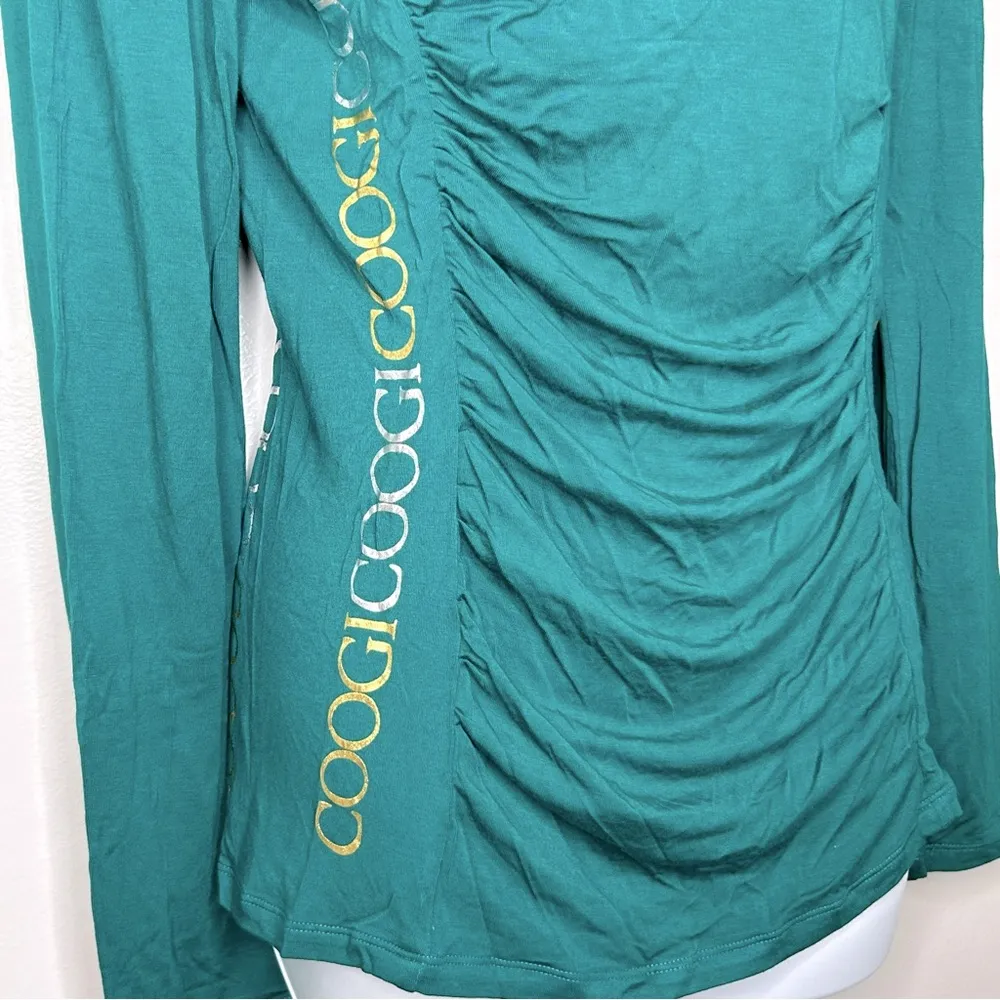 Coogi Green Long Sleeve Ruched Shirt Gold and Silver Logos Size L - Image 5
