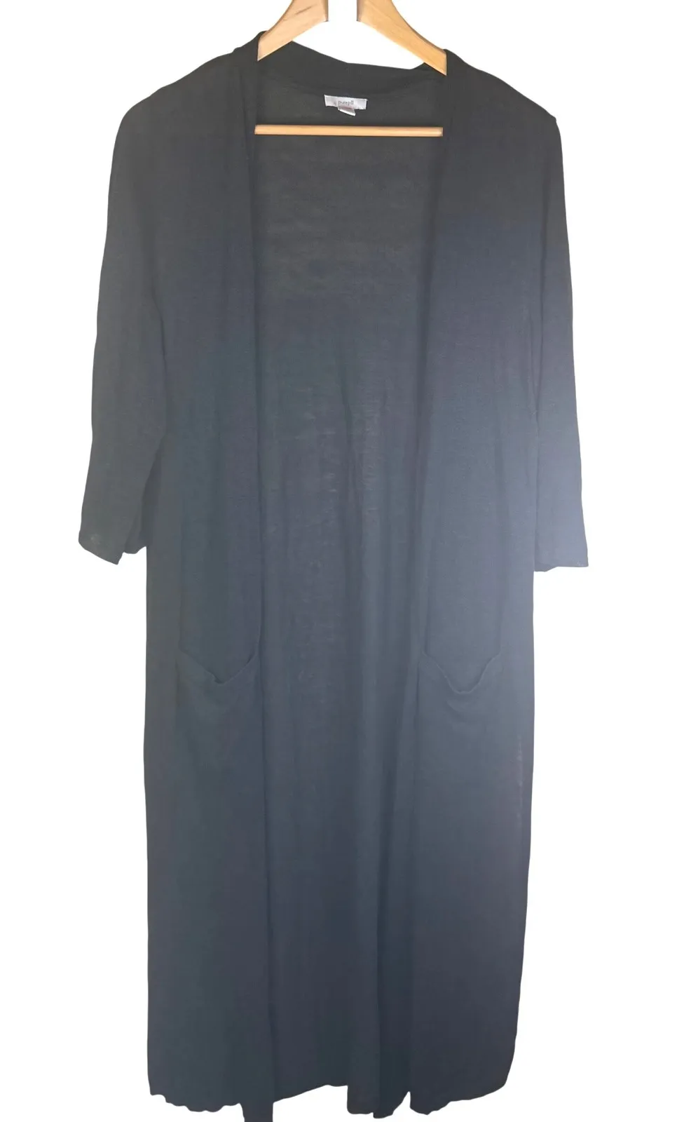 Pure Jill Black Linen Blend Duster Cardigan Open Front 3/4 Sleeve Pockets Med - Image 1