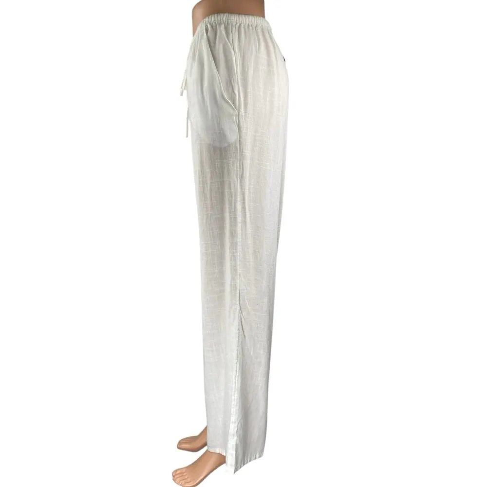 NEW H&M Divided Women's White Linen Wide Leg Mid Rise Lounge Trousers Pants L - Image 2