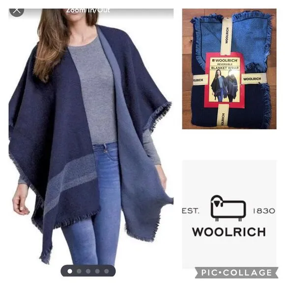 NWT Woolrich reversible blanket wrap, shawl cardigan in shades of blue one size - Image 2