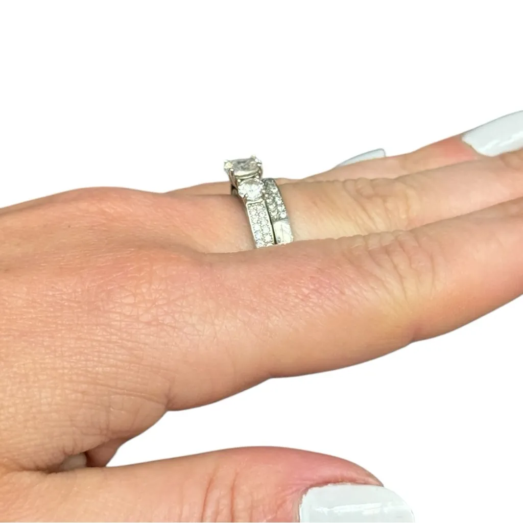 Sterling Silver Bridal Wedding Ring Set Size 8 CZ Engagement Ring Matching Band - Image 9