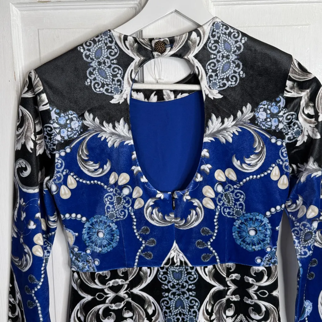 Tyler Boe Dana Velvet Patterned Sapphire Combo Midi Pencil Dress NEW W2014 Sz L Blue Size L - Image 7