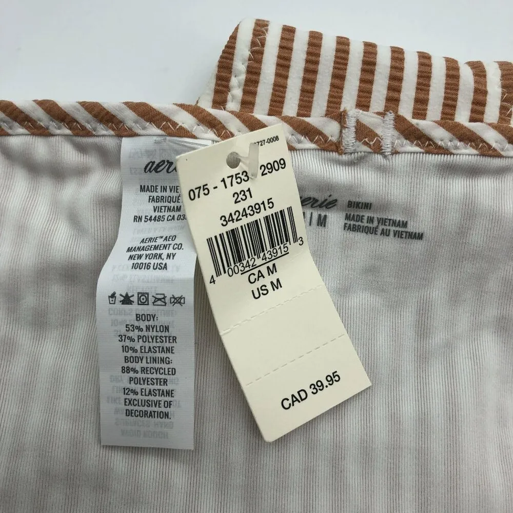 Aerie Swim Bikini Bottom Hipster Brief Seersucker Ruffle Striped Brown White M - Image 3