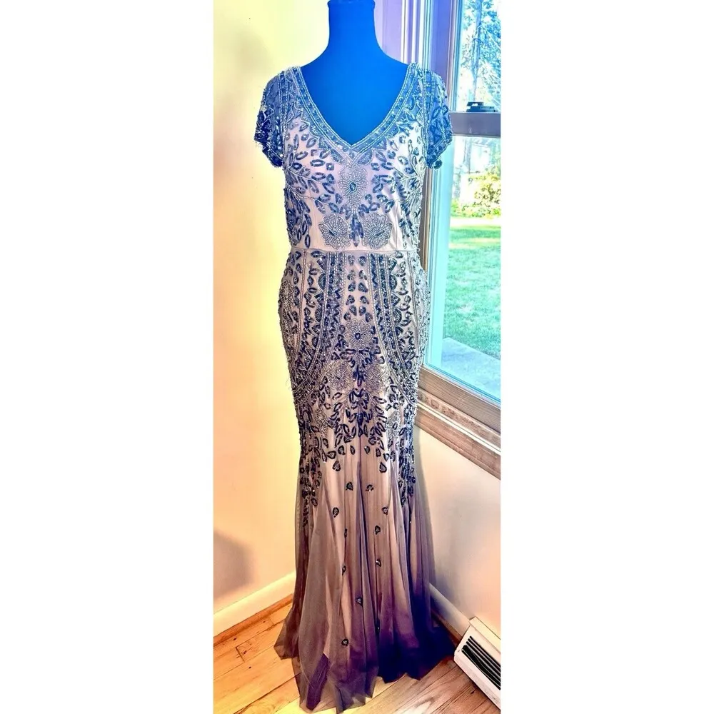 DAVID’S BRIDAL Taupe Silk V-neck Black Beads Nude Lined Cap Sleeves Long Dress 4 - Image 3