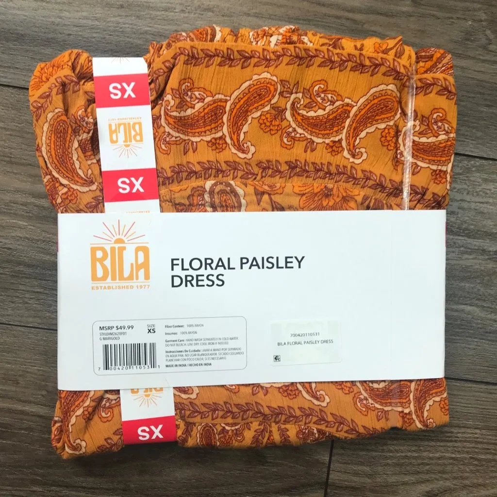 Bila Floral Paisley Short Tiered Dress Women's XS Boho Relaxed Fit‎ Marigold NEW Orange - Image 7