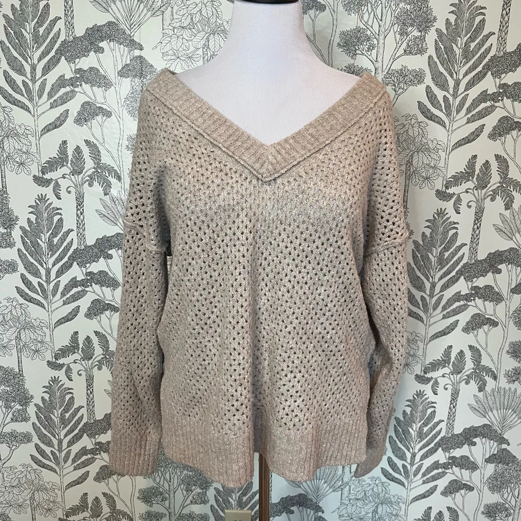 Aerie nwt light beige oatmeal colored v neck perforated sweater sz M - Image 3
