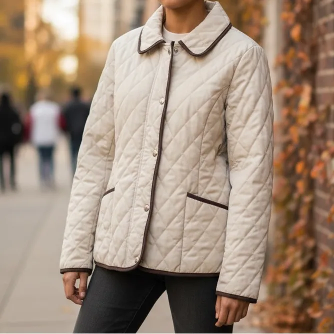 Cream Beige Quilted Chore Jacket Equestrian Preppy Cozy Lined Women’s Size M - Image 2