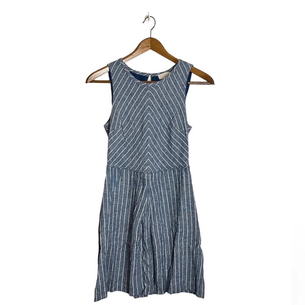 Ann Taylor LOFT Blue Chambray Linen Chevron Stripe Sleeveless Open Back Dress - Image 5