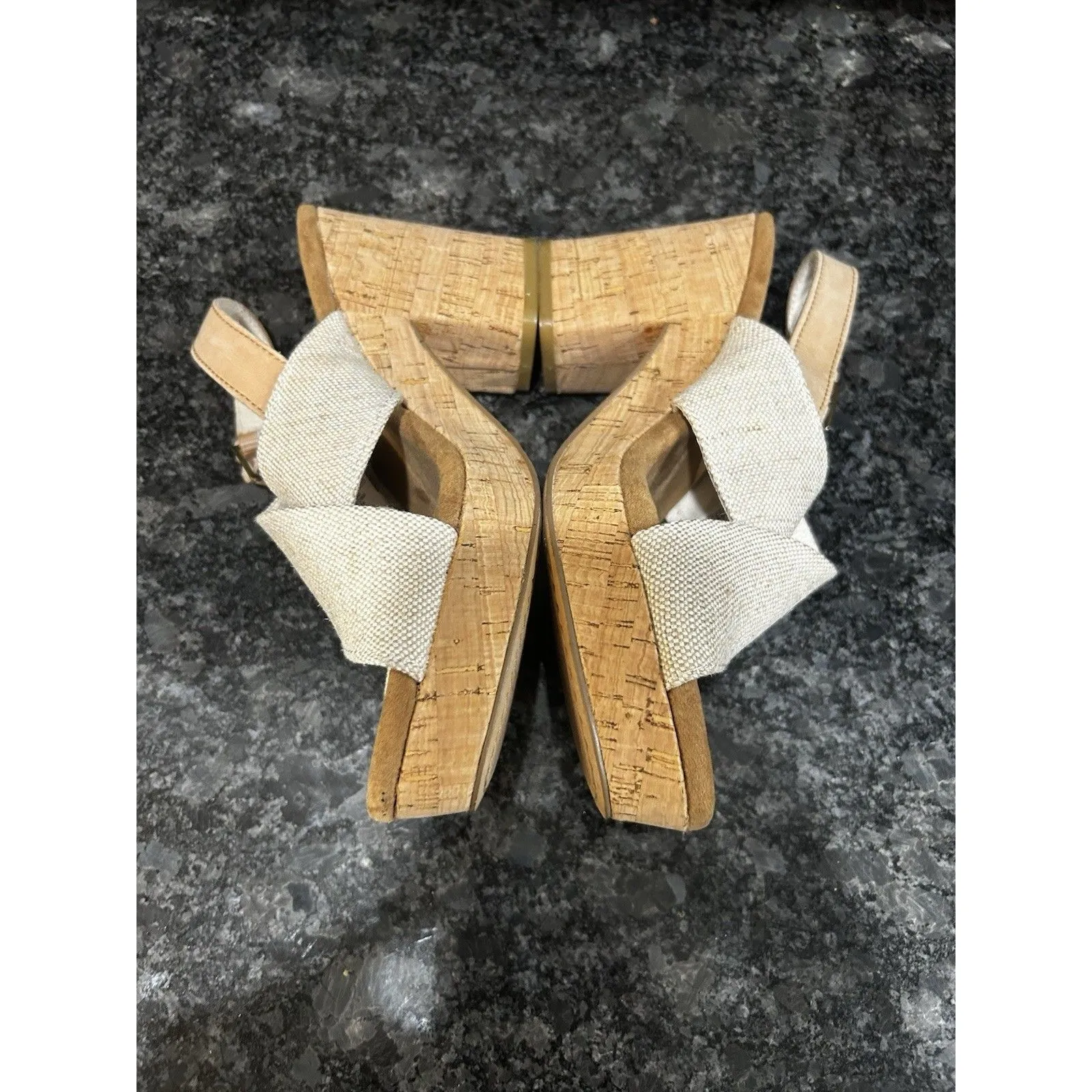 Toms Ibiza Beige Linen Cork Platform Sandals Women's Size 7.5 Preppy Neutral - Image 2