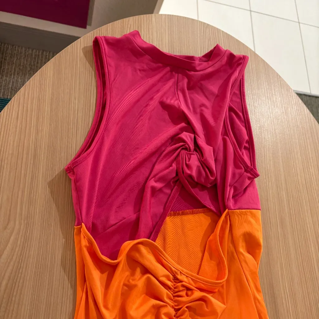 Shein Colorblock Dress Large Pink Orange Front Cutout BodyCon Neon Sleeveless - Image 2