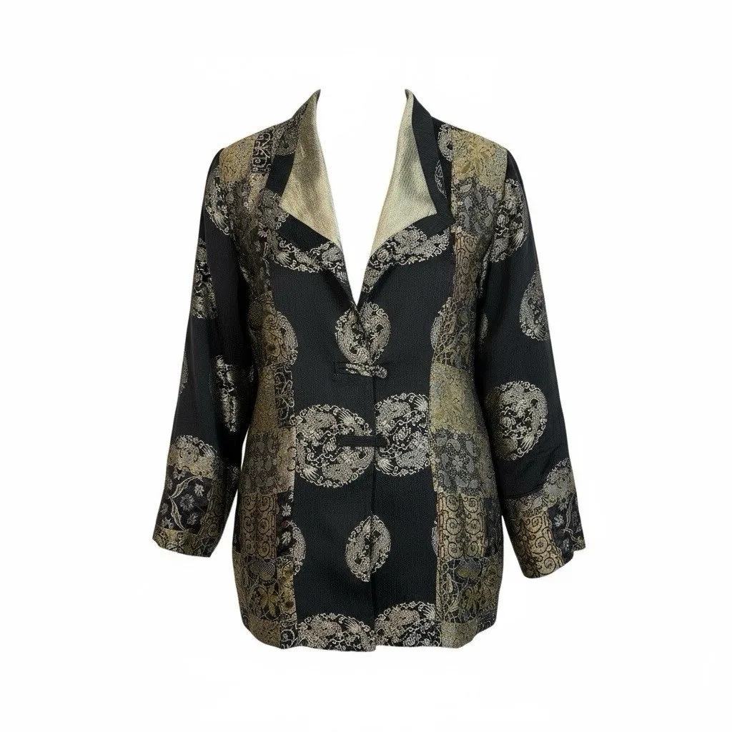 *Citron Santa Monica Blazer XL Black Silk Blend Mixed Print Button Quiet Luxury - Image 2