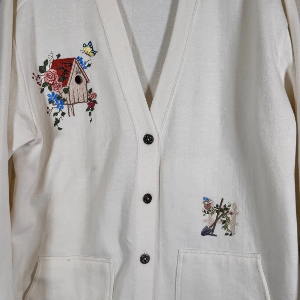 Vintage 90s Cream Birdhouse Embroidered Cardigan Sweater Womens L Grandma Core Size L - Image 5