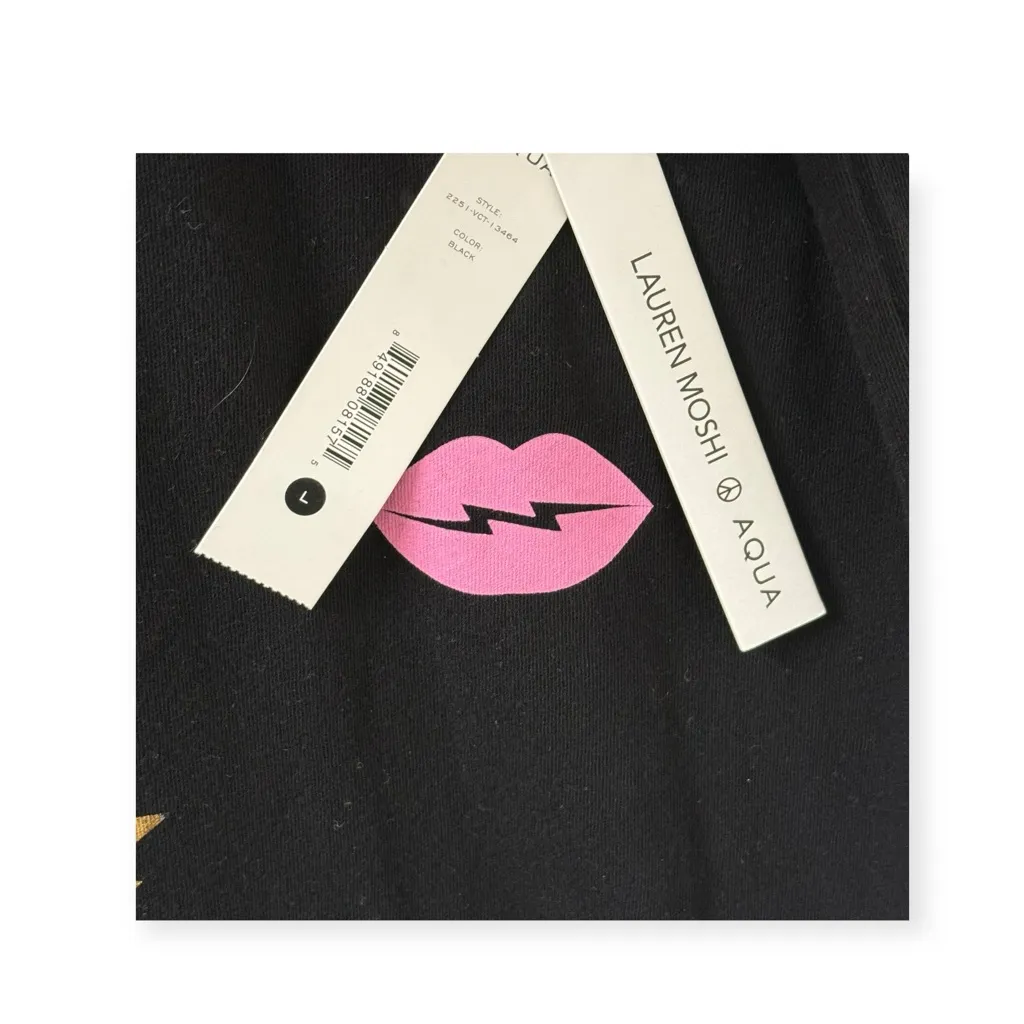 VHTF: new Lauren Moshi x Aqua ᨎ Mini Emoji Foil Graphic Tee T Shirt ᨎ Black ᨎ L - Image 13