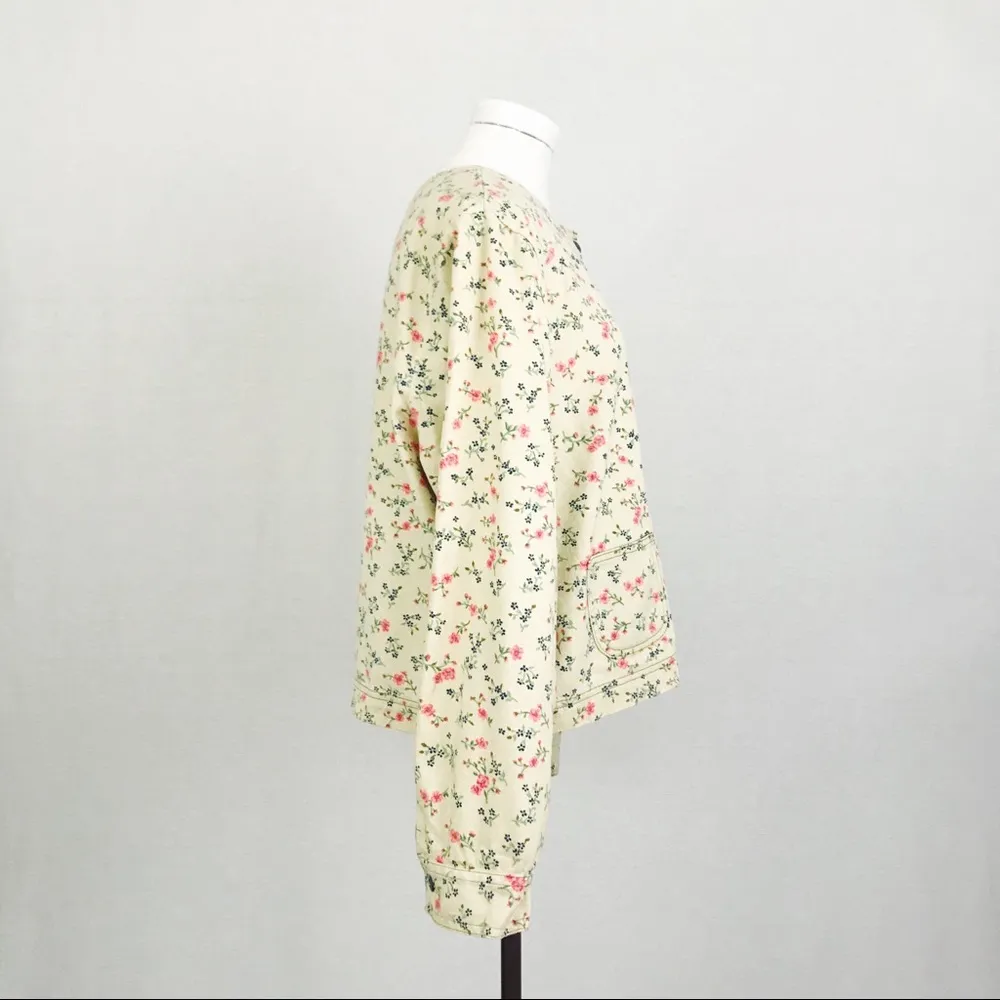 Vintage Collarless Floral Twill Jacket | Size M/L Yellow Size M - Image 7