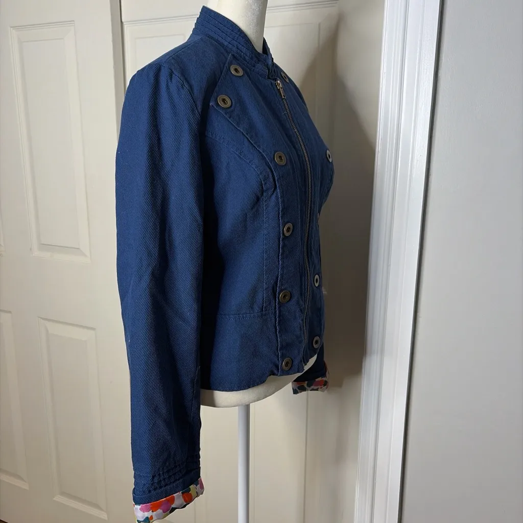 Y2k ANTHROPOLOGIE TULLE Navy Blue washed denim jacket: Military style sz L Size L - Image 6