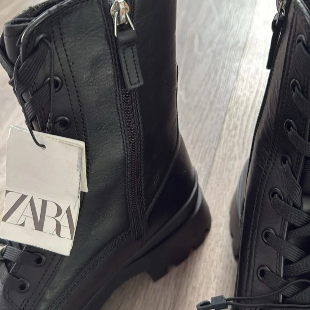 Zara Women’s Black Leather Combat Boots Lace Up Casual Shoes Size 41 - Image 5