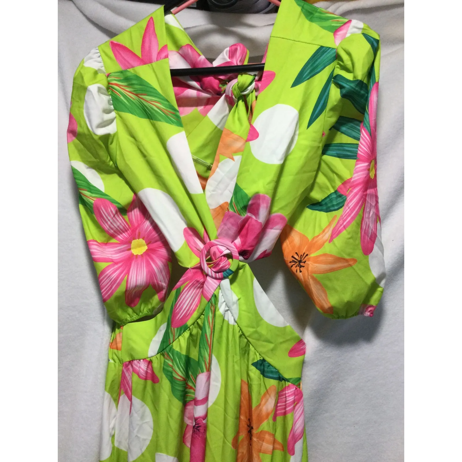 Floral Maxi Dress Green Pink Orange Cutout‎ Tie Back Balloon Sleeve XL - Image 5