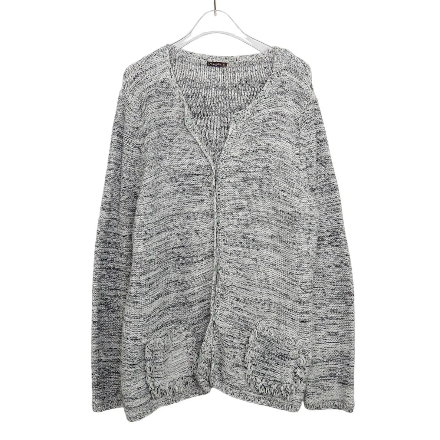 J. McLaughlin Gray Tweed Fringe Herringbone Jacket Cardigan with Pockets XL - Image 2