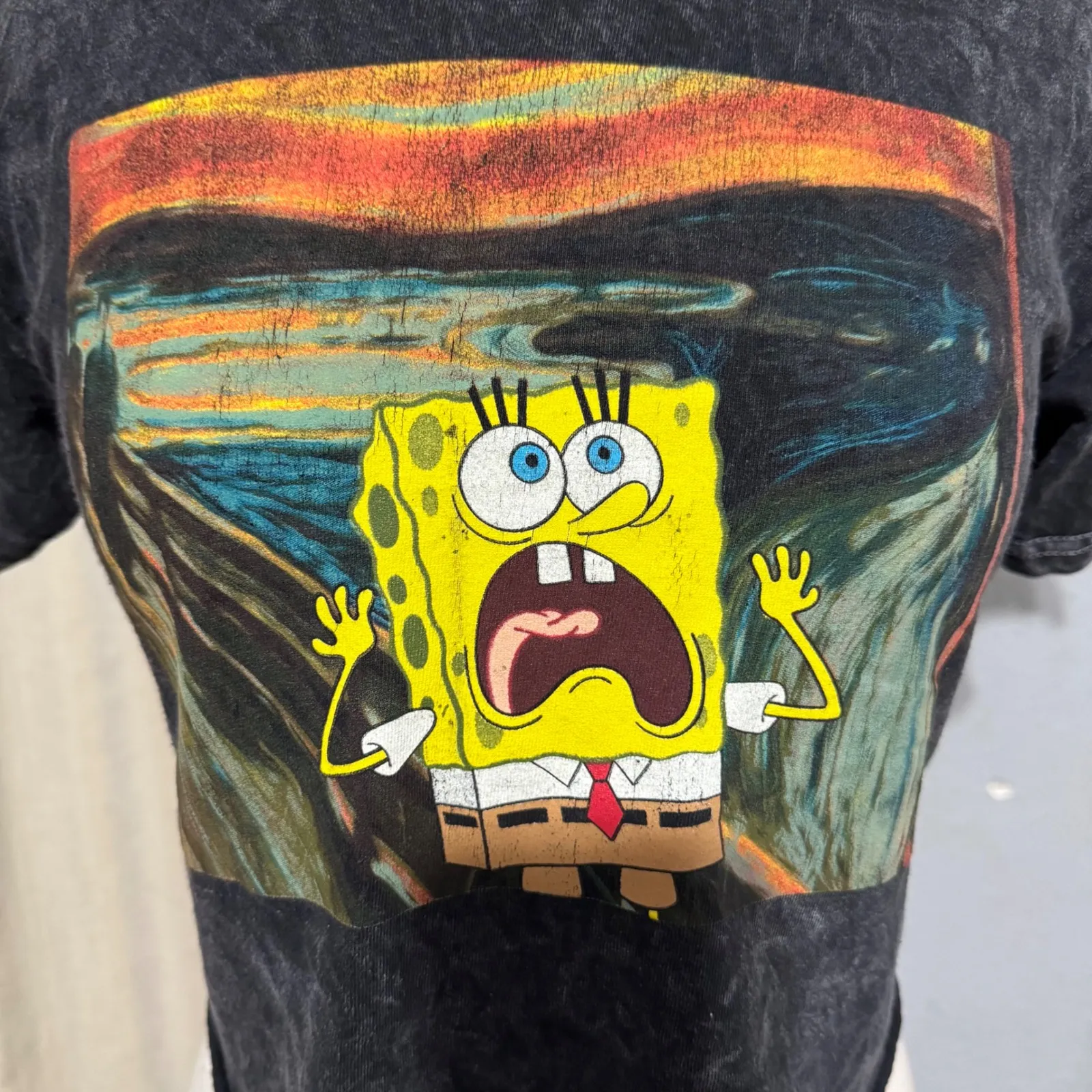 Spongebob Squarepants The Scream Art Crop Women Black T Shirt XS Graphic Tee - Image 3